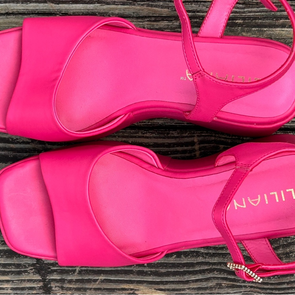 LILIANA Hot Pink Platform Wedge Sandals Square Toe Ankle Strap Women 7.5 - Picture 5 of 7